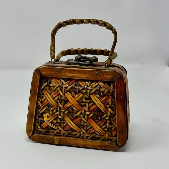Mini Vintage Wooden and bamboo Purse Storage Case - Picture 1 of 11